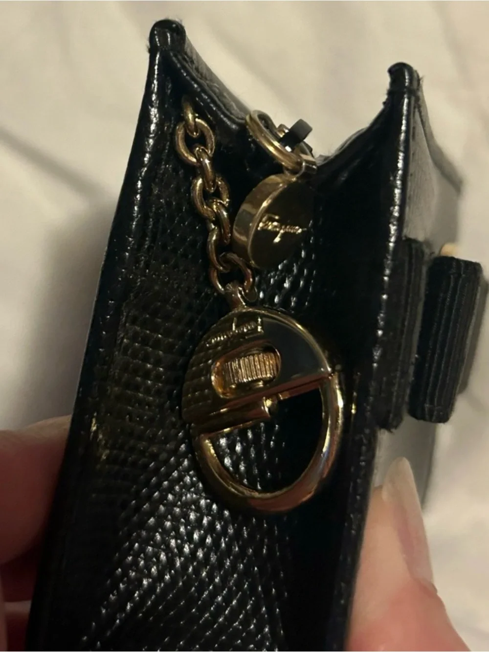 Salvatore Ferragamo Black Textured Leather Card Holder with Gold Vara Plaque